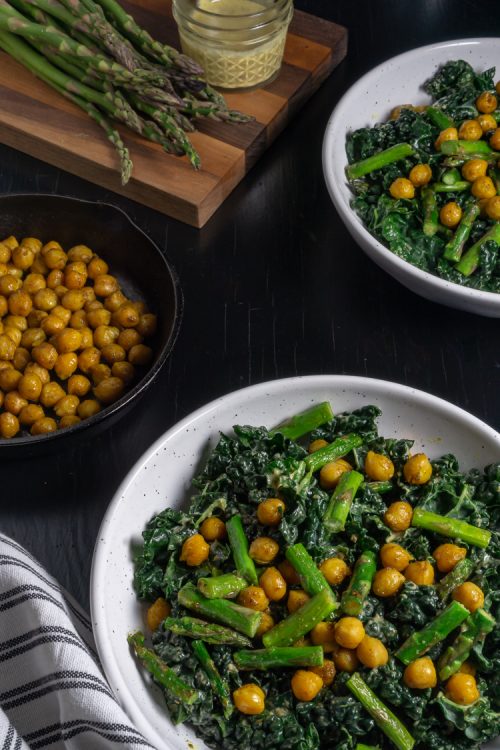 kale, chickpea, and asparagus salad with homemade caesar-like caper dressing