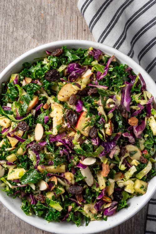 Kale Cabbage Brussels Sprouts Apple Raisin Almond Salad Recipe
